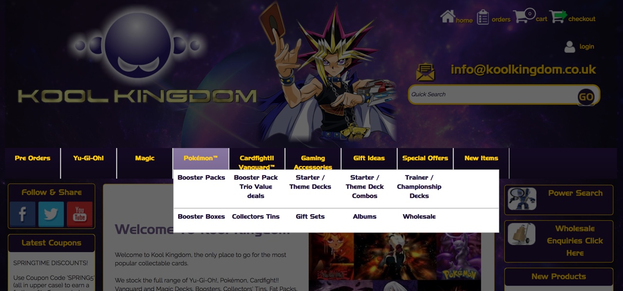 Mega menu opening in lightbox on Kool Kingdom's Sellerdeck website